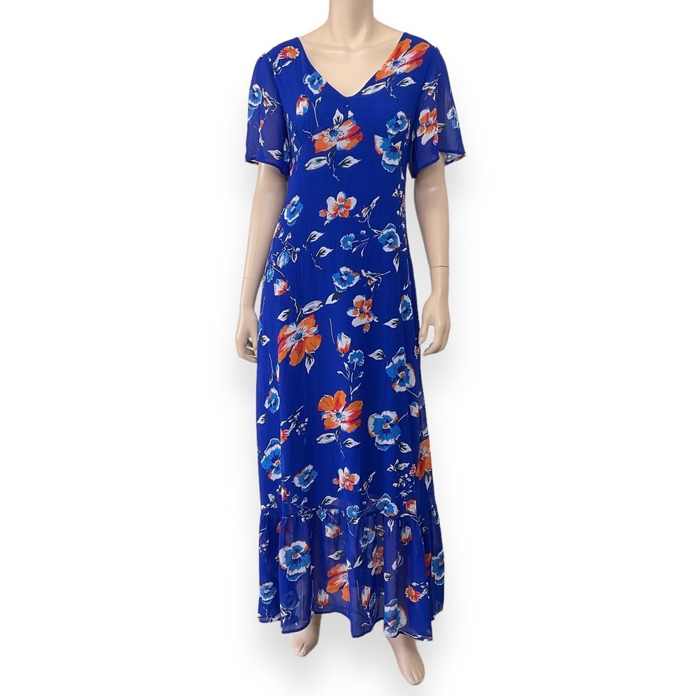 Melloday Blue Dress Women Blue Short Sleeve  Maxi Long Floral V-Neck NWT